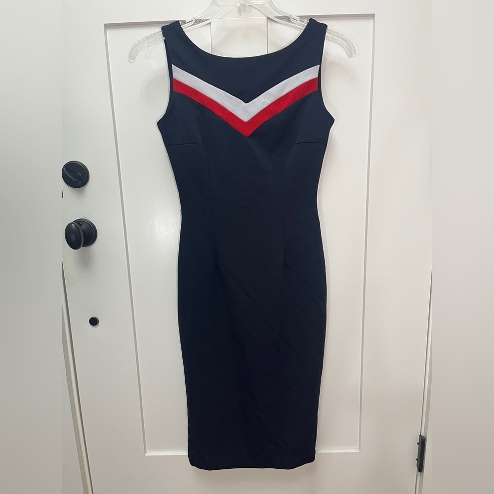 Bettie Page Blue Midi Dress with Red and White Chevron